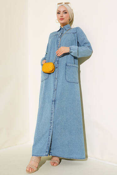 Boydan Düğmeli Kot Elbise Kar Yıkama - Elbise
