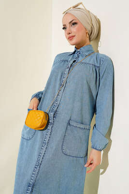 Boydan Düğmeli Kot Elbise Kar Yıkama - Tesettür Elbise