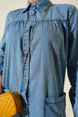 Boydan Düğmeli Kot Elbise Kar Yıkama - Tesettür Elbise