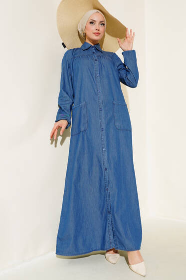 Boydan Düğmeli Kot Elbise Kot - Elbise