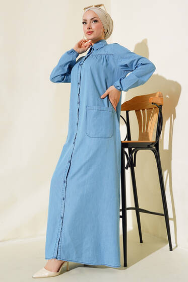 Boydan Düğmeli Kot Elbise Kot Mavisi - Tesettür Elbise