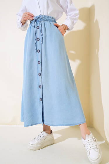Boydan Düğmeli Kot Etek Açık Mavi - Uzun Etek