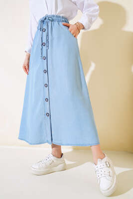 Boydan Düğmeli Kot Etek Açık Mavi - Uzun Etek
