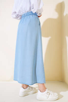 Boydan Düğmeli Kot Etek Açık Mavi - Uzun Etek