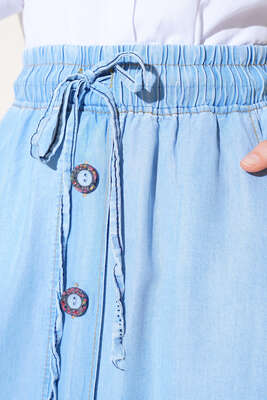 Boydan Düğmeli Kot Etek Açık Mavi - Uzun Etek