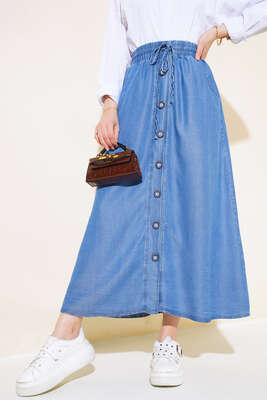 Boydan Düğmeli Kot Etek Koyu Mavi 