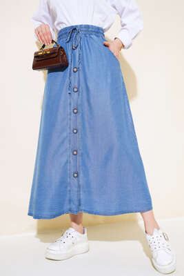 Boydan Düğmeli Kot Etek Koyu Mavi - Uzun Etek
