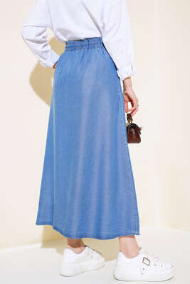 Boydan Düğmeli Kot Etek Koyu Mavi - Uzun Etek