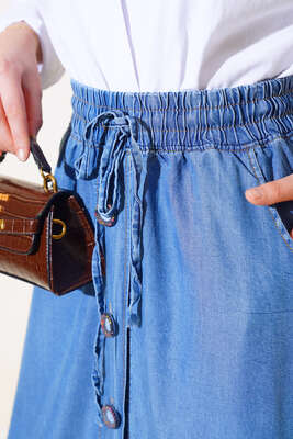 Boydan Düğmeli Kot Etek Koyu Mavi - Uzun Etek