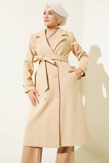 Boydan Düğmeli Kruvaze Yaka Kaşe Kaban Bej - Kaban