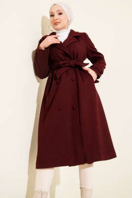 Boydan Düğmeli Kruvaze Yaka Kaşe Kaban Bordo - Kaban