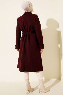 Boydan Düğmeli Kruvaze Yaka Kaşe Kaban Bordo - Kaban