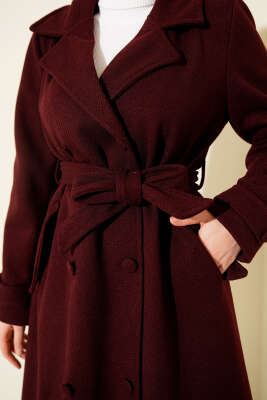 Boydan Düğmeli Kruvaze Yaka Kaşe Kaban Bordo - Kaban