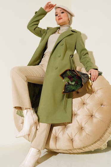 Boydan Düğmeli Kruvaze Yaka Kaşe Kaban Çağla Yeşili - Kaban