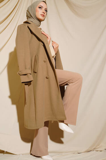 Boydan Düğmeli Kruvaze Yaka Kaşe Kaban Camel - Kaban
