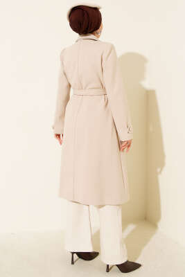 Boydan Düğmeli Kruvaze Yaka Kaşe Kaban Ekru - Kaban