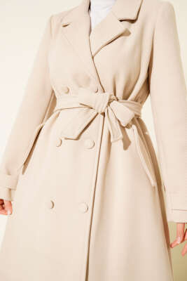 Boydan Düğmeli Kruvaze Yaka Kaşe Kaban Ekru - Kaban