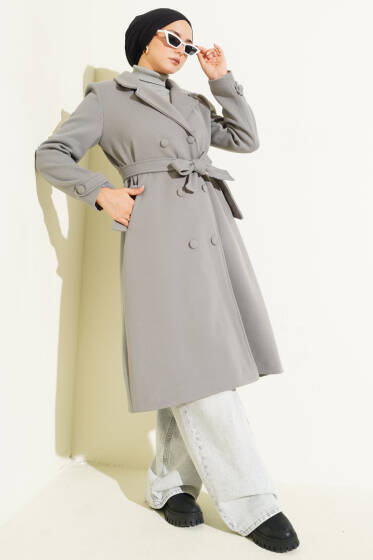 Boydan Düğmeli Kruvaze Yaka Kaşe Kaban Gri - Kaban