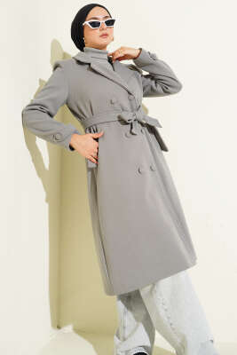 Boydan Düğmeli Kruvaze Yaka Kaşe Kaban Gri - Kaban