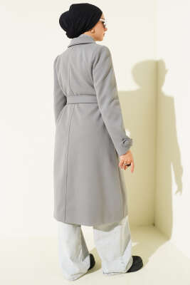 Boydan Düğmeli Kruvaze Yaka Kaşe Kaban Gri - Kaban