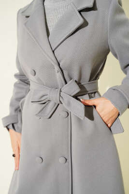 Boydan Düğmeli Kruvaze Yaka Kaşe Kaban Gri - Kaban