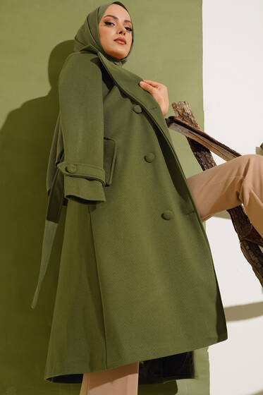 Boydan Düğmeli Kruvaze Yaka Kaşe Kaban Haki - Kaban