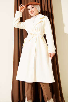 Boydan Düğmeli Kruvaze Yaka Kaşe Kaban Krem - Kaban