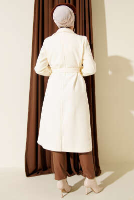 Boydan Düğmeli Kruvaze Yaka Kaşe Kaban Krem - Kaban