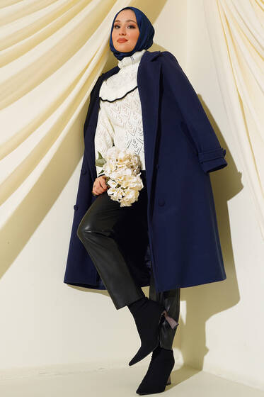 Boydan Düğmeli Kruvaze Yaka Kaşe Kaban Lacivert - Kaban