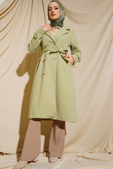 Boydan Düğmeli Kruvaze Yaka Kaşe Kaban Su Yeşili - Kaban