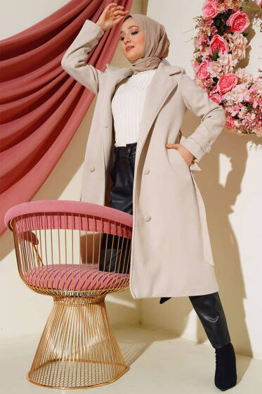 Boydan Düğmeli Kruvaze Yaka Kaşe Kaban Taş - Kaban