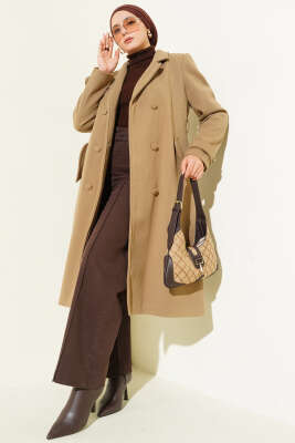 Boydan Düğmeli Kruvaze Yaka Kaşe Kaban Vizon 