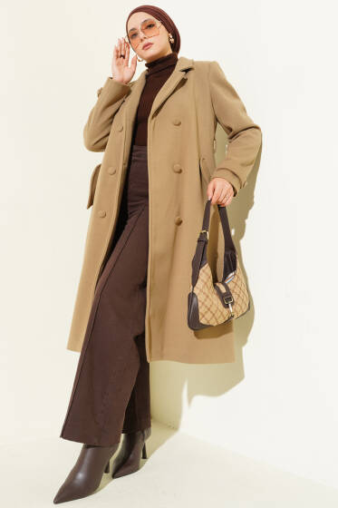 Boydan Düğmeli Kruvaze Yaka Kaşe Kaban Vizon - Kaban