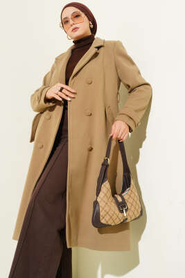 Boydan Düğmeli Kruvaze Yaka Kaşe Kaban Vizon - Kaban