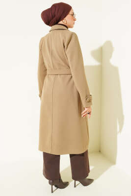 Boydan Düğmeli Kruvaze Yaka Kaşe Kaban Vizon - Kaban