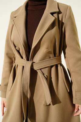 Boydan Düğmeli Kruvaze Yaka Kaşe Kaban Vizon - Kaban