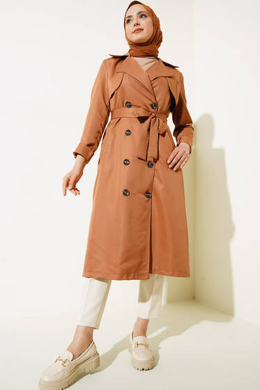 Boydan Düğmeli Kruvaze Yaka Trençkot Taba - Trençkot