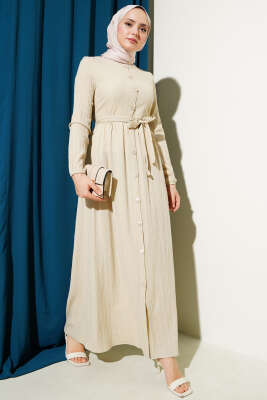Boydan Düğmeli Kuşaklı Basic Elbise Bej - ASME