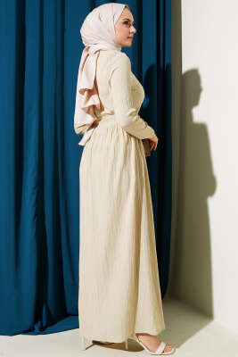 Boydan Düğmeli Kuşaklı Basic Elbise Bej - Tesettür Elbise