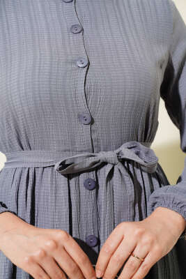 Boydan Düğmeli Kuşaklı Basic Elbise Gri - Tesettür Elbise