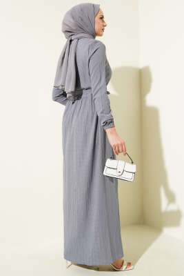 Boydan Düğmeli Kuşaklı Basic Elbise Gri - Tesettür Elbise