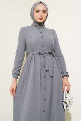 Boydan Düğmeli Kuşaklı Basic Elbise Gri - Tesettür Elbise