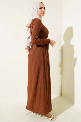 Boydan Düğmeli Kuşaklı Basic Elbise Kahve - Tesettür Elbise