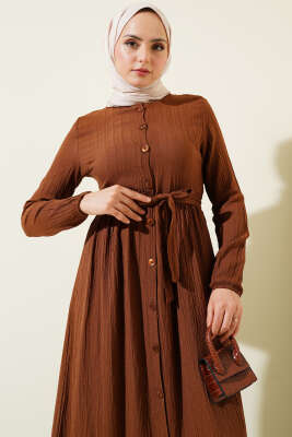 Boydan Düğmeli Kuşaklı Basic Elbise Kahve - Tesettür Elbise