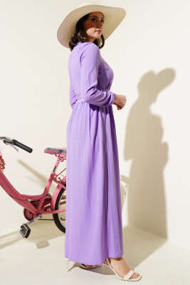 Boydan Düğmeli Kuşaklı Basic Elbise Lila - Tesettür Elbise