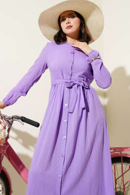 Boydan Düğmeli Kuşaklı Basic Elbise Lila - Tesettür Elbise