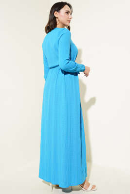 Boydan Düğmeli Kuşaklı Basic Elbise Mavi - Tesettür Elbise