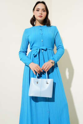 Boydan Düğmeli Kuşaklı Basic Elbise Mavi - Tesettür Elbise