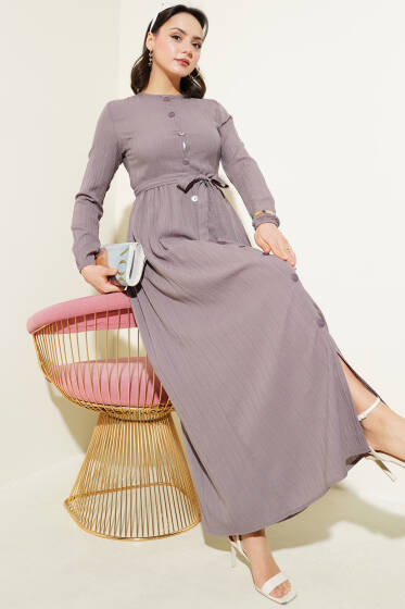 Boydan Düğmeli Kuşaklı Basic Elbise Vizon - Elbise