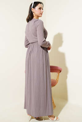 Boydan Düğmeli Kuşaklı Basic Elbise Vizon - Tesettür Elbise